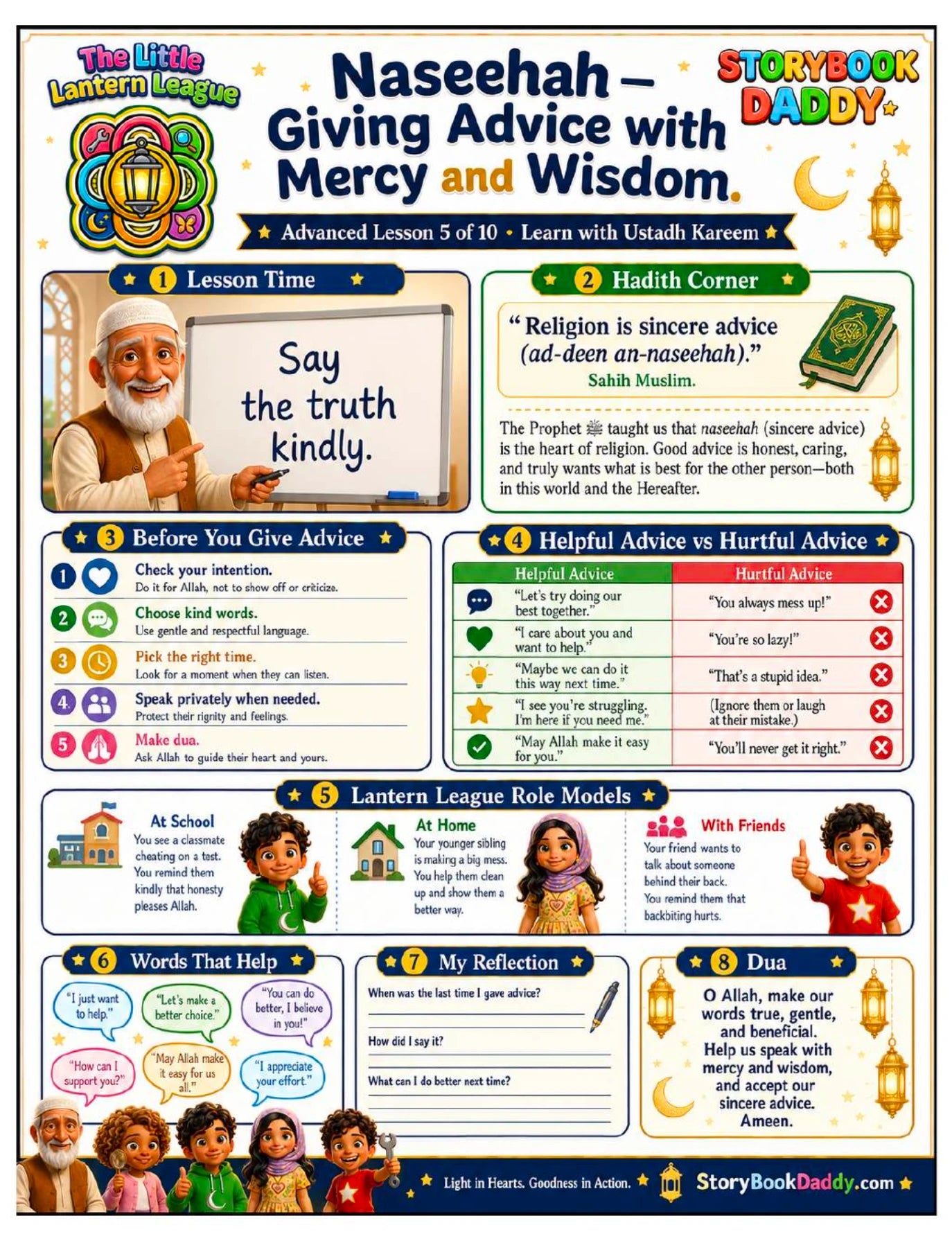 Supplied advice-with-mercy lesson, activities and reflection page. Open full size.