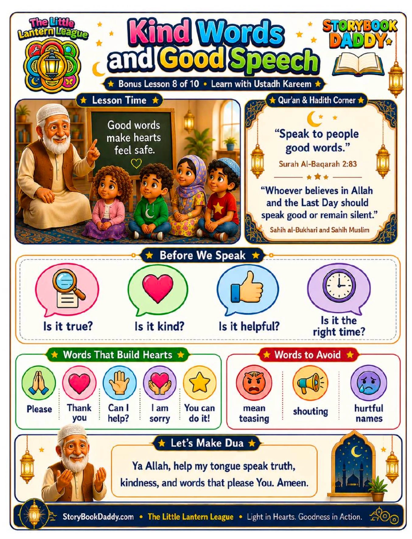 Supplied Kind Words and Good Speech teaching page with Ustadh Kareem. Open full size.