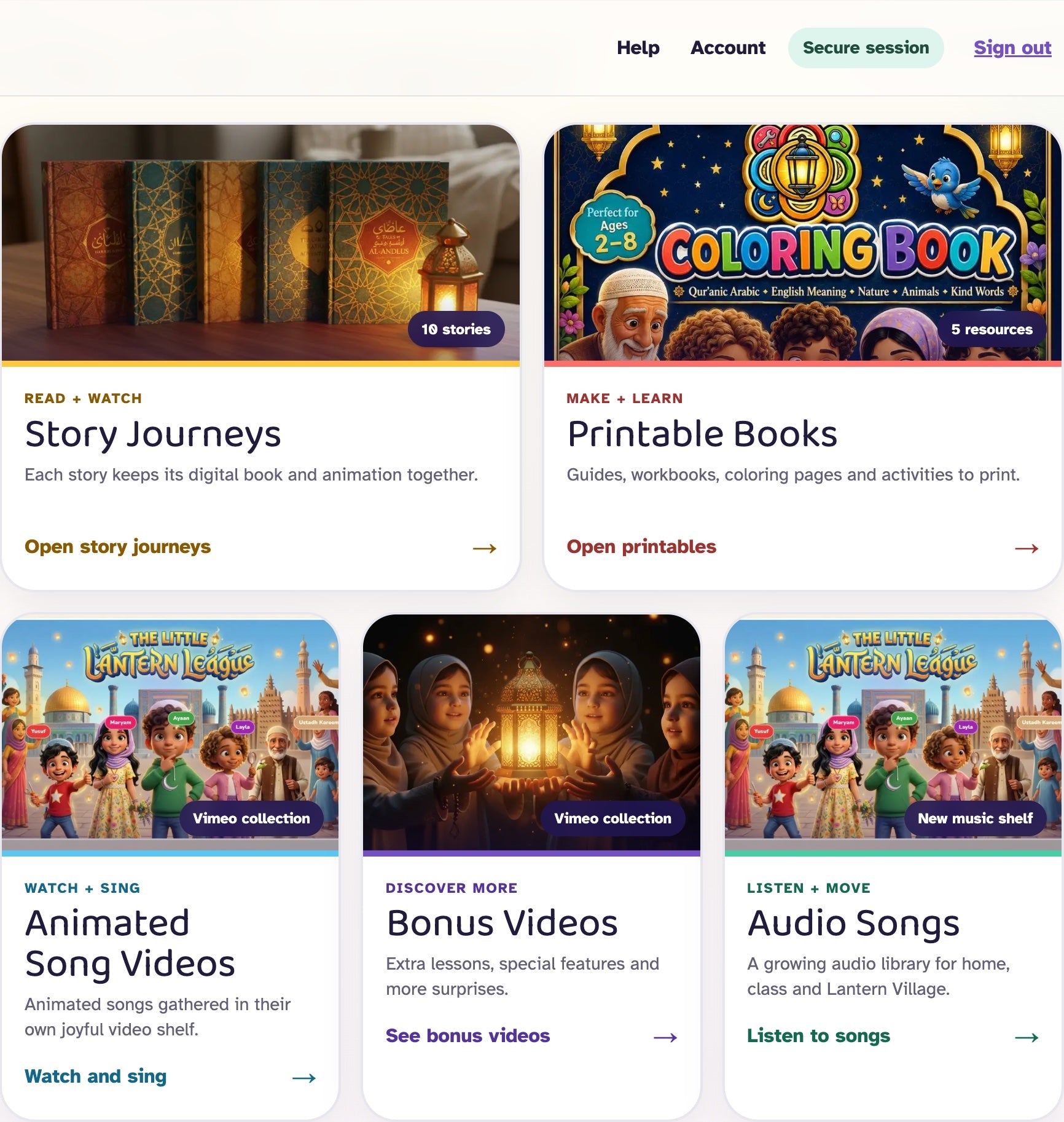Real Lantern League portal shelves: Story Journeys, Printable Books, Animated Song Videos, Bonus Videos and Audio Songs