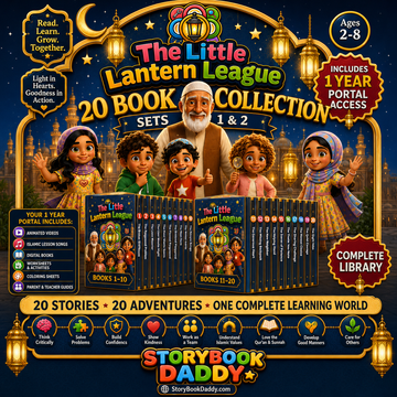 The Little Lantern League Complete 20-Book Library Sets 1 and 2 with Layla, Ayaan, Maryam, Yusuf, Ustadh Kareem, book boxes and glowing lanterns.