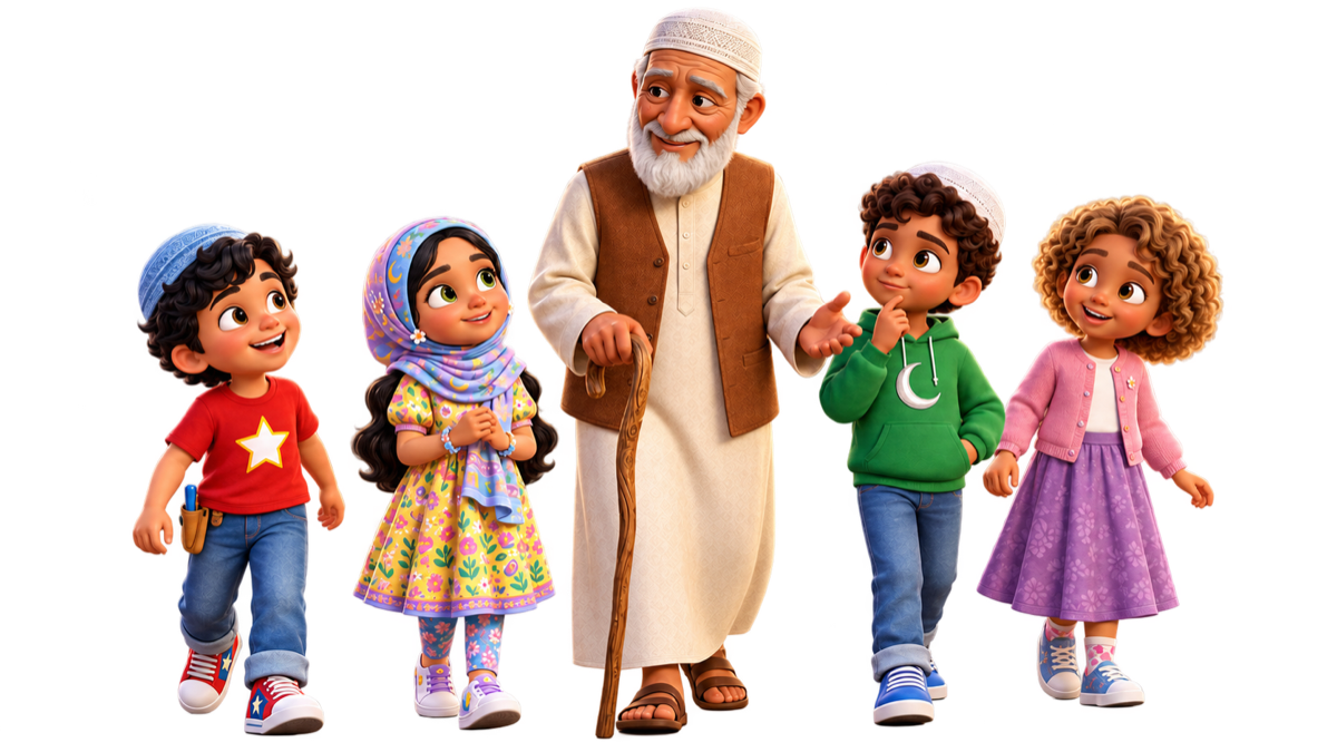 The Little Lantern League friends together with their teacher, Ustadh Kareem