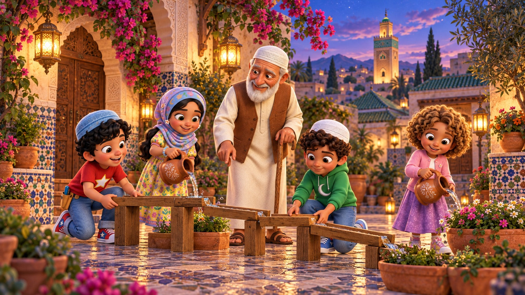 Lantern Village destination concept inspired by Fez, with the League exploring together.