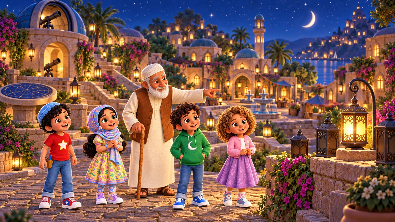 Concept artwork of the Little Lantern League friends with Ustadh Kareem in a lantern-lit village.