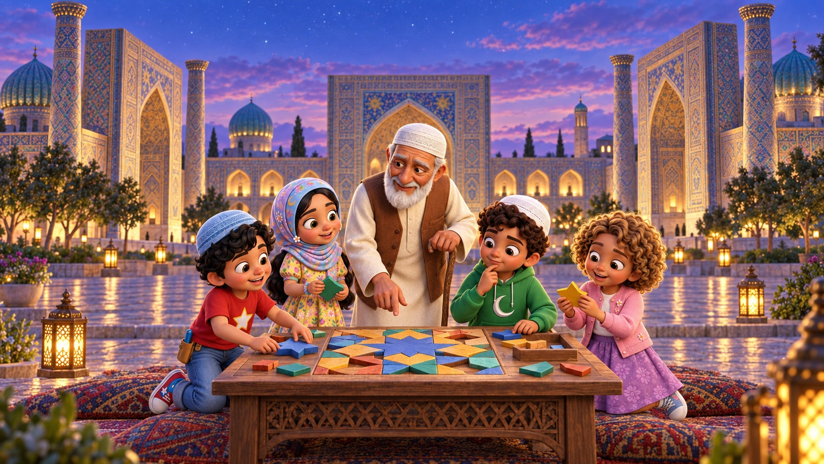 Lantern Village destination concept inspired by Samarkand, with the League exploring together.